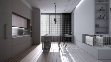 Mimari iç mimar konsepti: tamamlanmamış proje gerçeğe dönüşüyor, asgari lüks oturma odası, adalı mutfak ve tabure, parke, şömine, perdeli pencereler