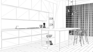 Proje taslağı, asgari oturma odası, adalı mutfak, tabure, dekorasyon, kolye lambaları, parke, şömine, perdeli pencereler. Çağdaş iç tasarım