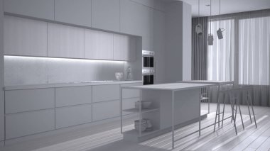 Tamamen beyaz proje taslağı, asgari oturma odası, adalı mutfak, tabure, dekorasyon, kolye lambaları, parke, şömine, perdeli pencereler. Çağdaş iç tasarım