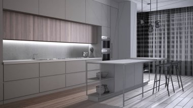 Mimari iç mimar konsepti: tamamlanmamış proje gerçeğe dönüşüyor, asgari lüks oturma odası, adalı mutfak ve tabure, parke, şömine, perdeli pencereler