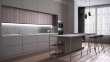 Bulanık arka plan tasarımı, lüks oturma odası, adalı mutfak, tabure, dekorasyon, kolye lambaları, parke, şömine, perdeli pencereler.