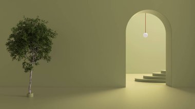 Hayali mimari, holün iç tasarımı, kemerli kapılı boş alan, bakır lamba, beton yeşil duvarlar, kemer yolları, arka planda oval merdiven ve huş ağacı.