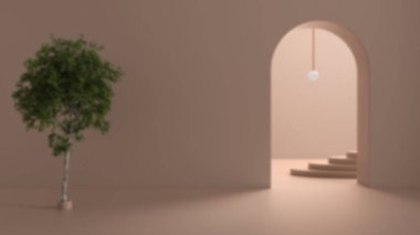 Arka plan bulanık iç tasarım, hayali mimari, salon, kemerli kapılı boş alan, bakır lamba, kemer yolları, arka planda oval merdiven, huş ağacı
