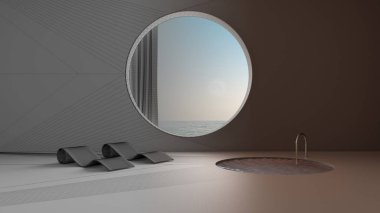 Mimari iç mimar konsepti: Bitmemiş proje gerçek, hayali mimari, boş pencere perdeli, havuz şezlonglu, spa
