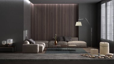 Ahşap masa üstü veya rafta mumlar ve çakıl taşları, zen ruh hali, minimalist oturma odası, kanepe ve yastıklı dinlenme odası, halı, kahve masası, ahşap panel, beton duvarlar