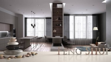 Beyaz masa rafı, çakıl taşı dengesi ve 3D harflerle mutfak, zen konsepti iç tasarım ile en az oturma odası üzerinde feng shui kelimesi.
