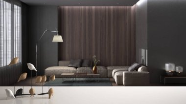 Beyaz masa üstü ya da rafta minimalist kuş süsü, kuş süsü - bulanık oturma odası, kanepe ve halı, modern iç tasarım