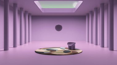 Hayali kurgusal mimari, içi boş uzayın klasik sütun, beton menekşe duvarlar, koltuklu yuvarlak halı, havada asılı duran top, açık tavan