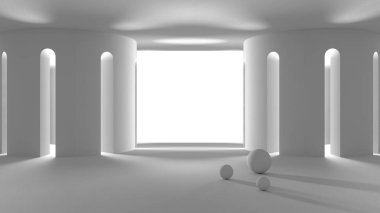 Tamamı beyaz proje taslağı, hayali mimari, içi boş boşluğun iç tasarımı kemerli kapılar, sütun ve veranda, vaftiz, beton boş duvarlar, küre, toplar