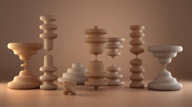 Kum saati şeklindeki mumlar, soyut şekiller, organik bileşimler, pembe renkli arka plan, zaman geçirme kavramı, akıcılık, görelilik algısı.