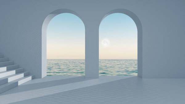 Imaginary fictional architecture, interior design of empty space with arched window and staircase, concrete blue walls, terrace with sunrise sunset sea panorama, clear sky with moon