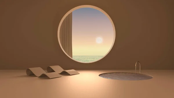 Imaginary fictional architecture, interior design of empty space with round window with curtain, concrete orange walls, pool with chaise longue, sunrise sunset sea panorama