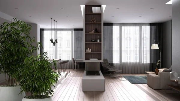 Zen εσωτερικό με γλάστρα μπαμπού, φυσικό εσωτερικό σχεδιασμό έννοια, σύγχρονη πολυτέλεια λευκό και ξύλινη κουζίνα, σαλόνι με πανοραμική παράθυρα, μινιμαλιστική αρχιτεκτονική έννοια — Φωτογραφία Αρχείου