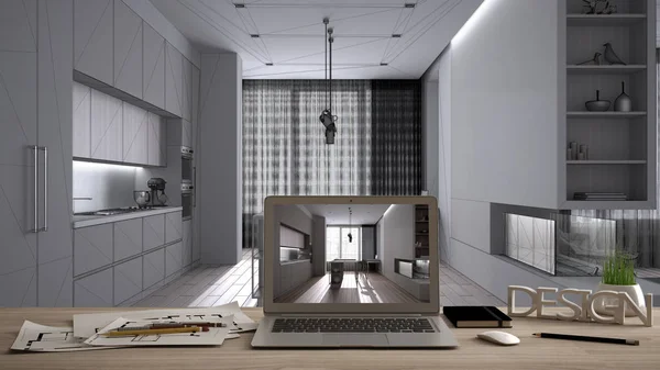 Architekt Designer Desktop-Konzept, Laptop auf Holzarbeitstisch mit Bildschirm, der das Innenarchitekturprojekt zeigt, Blaupause Hintergrund, moderne Küche mit Insel und Hockern — Stockfoto