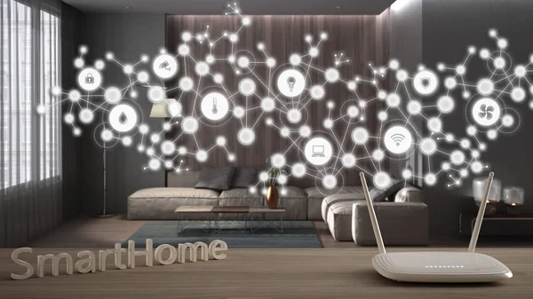 Wi-Fi kablosuz yönlendirici ahşap masa, akıllı ev, geometrik arkaplan bağlı çizgi ve noktalar şeylerin interneti, ev otomasyonu konsepti modern oturma odası üzerinde