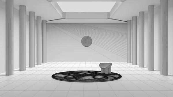 Unfinished project draft, imaginary fictional architecture, interior design of empty space with classic colonnade, round carpet with armchair, ball suspended in the air, open ceiling