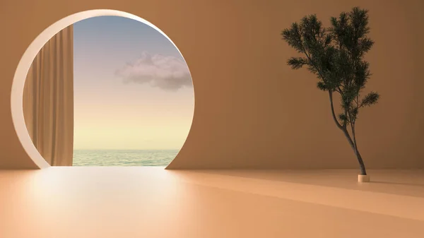 Imaginary fictional architecture, interior design of empty space with round arched window with curtain, concrete orange walls, potted pine tree, sunrise sunset sea panorama with cloud — Stock Photo, Image