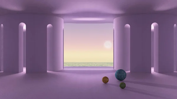 Imaginary fictional architecture, interior design of empty space with arched doors, colonnade and porch, baptistery, concrete violet walls, marble balls, sunrise sunset sea panorama — Stock Photo, Image