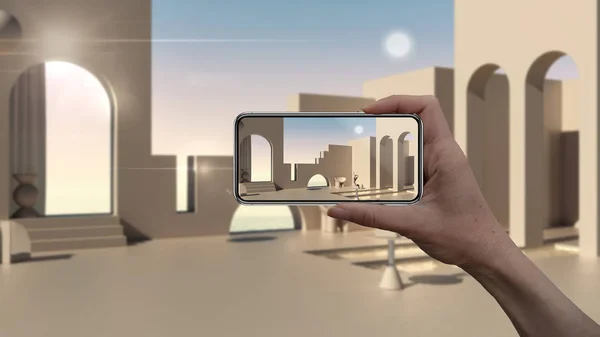 Hand holding smart phone, AR application, simulate furniture and interior design products in real home, architect designer concept, blur background, dreamlike empty space, terrace