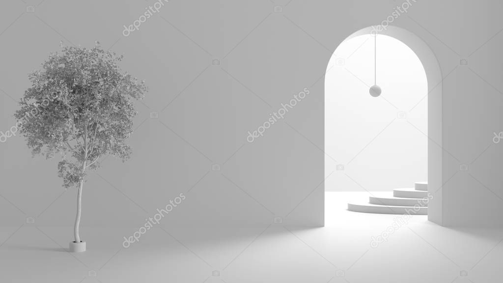 Total white project draft, imaginary fictional architecture, interior design of hall, empty space with arched door, copper lamp, archways, oval staircase in the background, birch tree