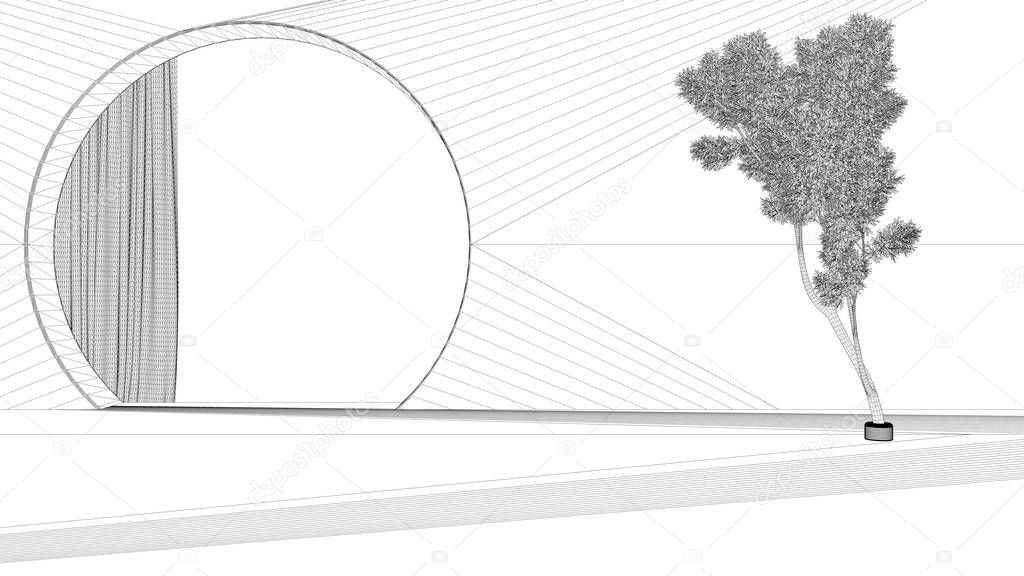 Blueprint project draft, imaginary fictional architecture, interior design of empty space with round arched window with curtain, potted pine tree, expo museum concept