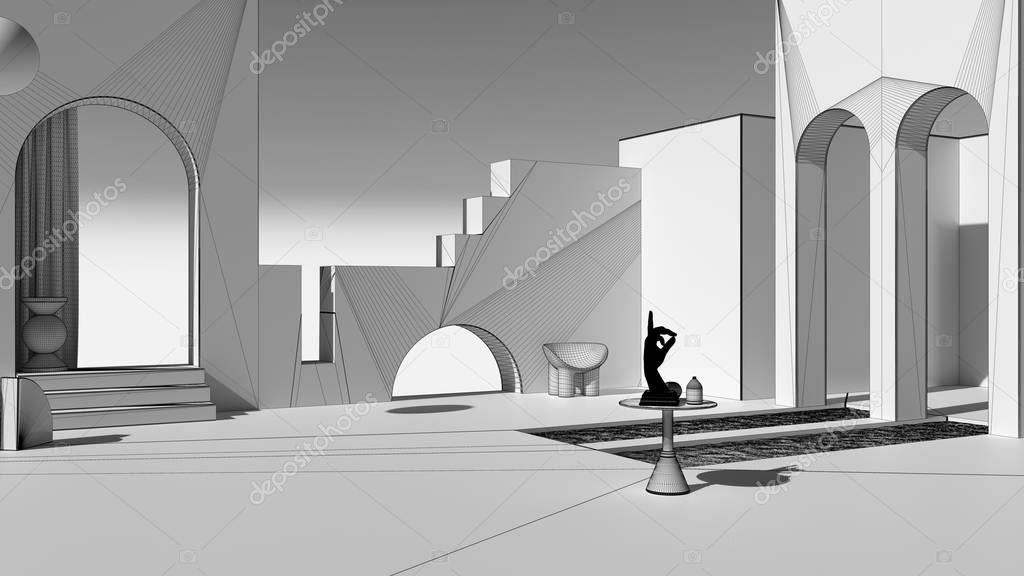 Unfinished project draft, imaginary fictional architecture, dreamlike empty space, design of exterior terrace, arched windows, pools, table with hand figurine, chair, decors