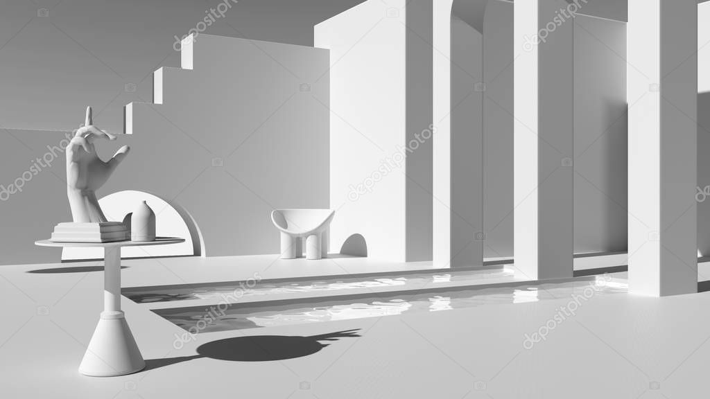 Total white project draft, imaginary fictional architecture, dreamlike empty space, design of exterior terrace, arched windows, pools, table with hand figurine, chair, decors