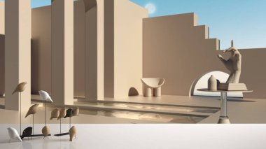Beyaz masa üstü ya da rafta minimalist kuş süsü, birdie knick - dış terasa beceri, beton pembe duvarlar, kemerli pencereler, havuzlar, el biblosu, modern iç tasarım