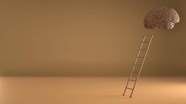 Merdivenler turuncu arka planda yüzen insan beynine çıkıyor. Büyüme, gelecek, gelişme, yaratıcılık, zeka kavramı. Kopya alanı ile en düşük bileşim modellemesi