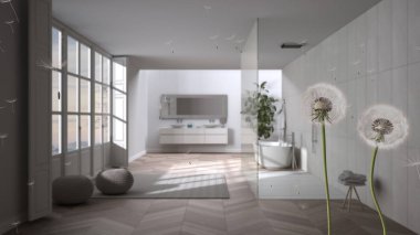 Tohum salgılayan tüylü karahindiba duşta yürüyen ve serbest banyo küveti olan modern banyonun üzerine spor saçıyor. İç tasarım fikri. Değişim, büyüme, hareket ve özgürlük kavramı