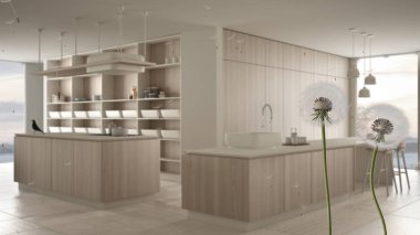 Yumuşak, havadar karahindiba tohum sporlarını modern beyaz ve ahşap mutfak ve mermer zemin üzerine üflüyor. İç tasarım fikri. Değişim, büyüme, hareket ve özgürlük kavramı