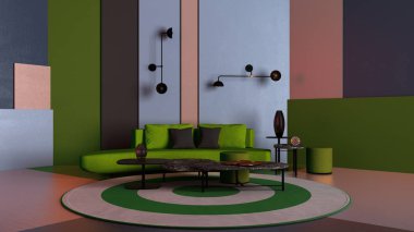 Renkli oturma odası, yeşil kanepeli oturma odası, kahve masası ve dekorları, alçı renkli paneller, yuvarlak halı, duvar lambaları, fotokopi arkaplan, fuar iç tasarım fikri.