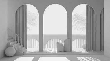 Tamamen beyaz proje taslağı, rüya gibi teras, panorama, tropikal palmiye ağaçları, kemer yolları, halılı merdiven, klasik balustrade, aynalar ve dekorlar, iç tasarım konsepti.