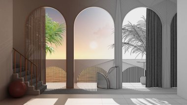 Mimari iç mimar konsepti: deniz batımında veya gün doğumunda, palmiye ağaçları, kemer yolları, halılı merdiven, klasik balustrade üzerinde, gerçek, rüya gibi bir terasa dönüşen tamamlanmamış proje