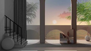 Mimari iç mimar konsepti: deniz batımında veya gün doğumunda, palmiye ağaçları, kemer yolları, halılı merdiven, klasik balustrade üzerinde, gerçek, rüya gibi bir terasa dönüşen tamamlanmamış proje