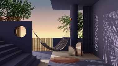 Rüya gibi teras, deniz batımında ya da gündoğumunda panorama, tropikal palmiye ağaçları, mor sıva duvar, merdiven ve balustrade, yuvarlak sütun ve perde, hamak, iç tasarım