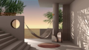 Arka plan bulanık iç tasarım, rüya gibi teras, panorama, tropikal palmiye ağaçları, sıva duvar, merdiven ve balyoz, yuvarlak sütun ve perde, hamak.