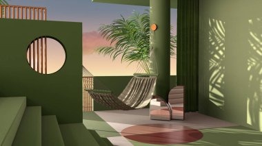 Rüya gibi teras, günbatımında veya gündoğumunda panorama, tropikal palmiye ağaçları, yeşil sıva duvar, merdiven ve balustrade, yuvarlak sütun ve perde, hamak, iç tasarım