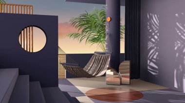 Rüya gibi teras, deniz batımında ya da gündoğumunda panorama, tropikal palmiye ağaçları, mor sıva duvar, merdiven ve balustrade, yuvarlak sütun ve perde, hamak, iç tasarım