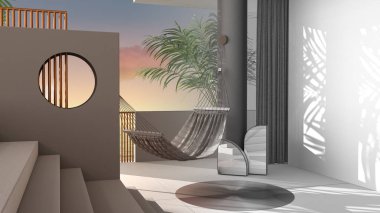 Mimari iç mimar konsepti: deniz manzarası, tropikal palmiye ağaçları, sıva duvarları, merdiven, hamak, dış tasarım üzerinde gerçek, rüya gibi bir terasa dönüşen tamamlanmamış proje