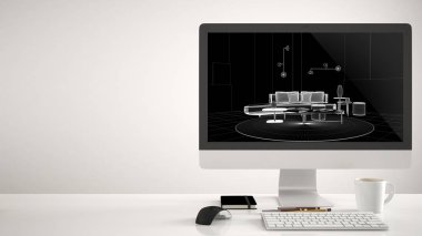 Mimari ev projesi kavramı, beyaz arka planda masaüstü bilgisayarı, Cad 'in robot resmini gösteren çalışma masası, kanepe ve yuvarlak halılı modern oturma odası, iç mimari tasarım fikri.