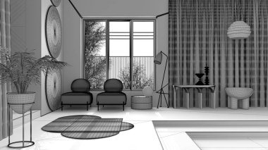 Tamamlanmamış proje taslağı, klasik uzay, merdiven ve duvarlardaki düz oturma odası için metafiziksel soyut nesne, koltuklar ve saksı, halı ve lambalar, iç tasarım