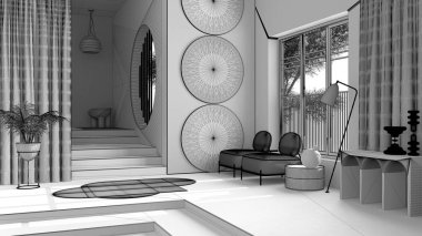 Tamamlanmamış proje taslağı, klasik uzay, merdiven ve duvarlardaki düz oturma odası için metafiziksel soyut nesne, koltuklar ve saksı, halı ve lambalar, iç tasarım