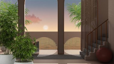Zen iç döşeme, saksı bambu bitkisi, doğal iç tasarım konsepti, rüya gibi teras, deniz manzarası, palmiye ağaçları, merdiven ve merdiven, klasik atmosfer mimarisi fikri