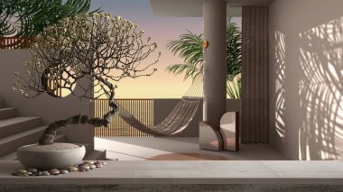 Çakıl taşı ve saksılı ahşap masa rafı, beyaz çiçekler, rüya gibi terasın üzerinde, deniz manzarası, palmiyeler, merdiven ve balustrade, zen temiz mimari konsepti