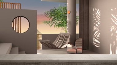 Ahşap eski masa üstü ya da raf üstü, zen modu, rüya gibi teras, deniz batımı ya da gündoğumu manzarası, tropikal palmiye ağaçları, kemerler, merdivenler, mimari iç tasarım.