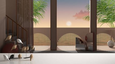 Minimalist kuş süslemeleri olan beyaz masa ya da raf, Birdie knick - rüya gibi teras üzerinde beceri, deniz batımı üzerinde ya da gündoğumu panorama, tropikal palmiye ağaçları, modern iç tasarım