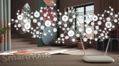 Wi-Fi kablosuz yönlendirici ahşap masada, akıllı ev, geometrik arkaplan bağlı çizgi ve noktalar şeylerin internetini gösteriyor, ev otomasyonu konsepti renkli salonda
