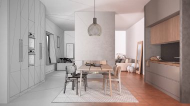 Mimari iç mimar konsepti: Bitmemiş proje gerçek oluyor, yemek masası, modern şömine, kanepeli oturma odası, çağdaş iç tasarım.