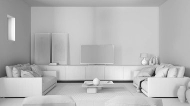 Tamamen beyaz proje taslak, kanepe, battaniye ve yastıklı rahat oturma odası, halı, kahve masası, puf ve dekorlar, televizyon, televizyon, çağdaş iç tasarım